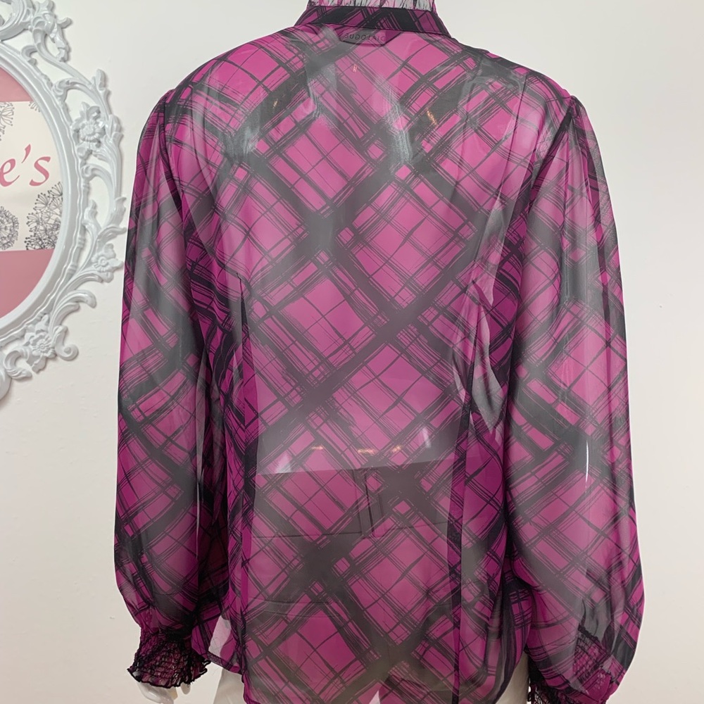 Dialogue / Ruffled Purple Black Button Up Blouse - Picture 5 of 8
